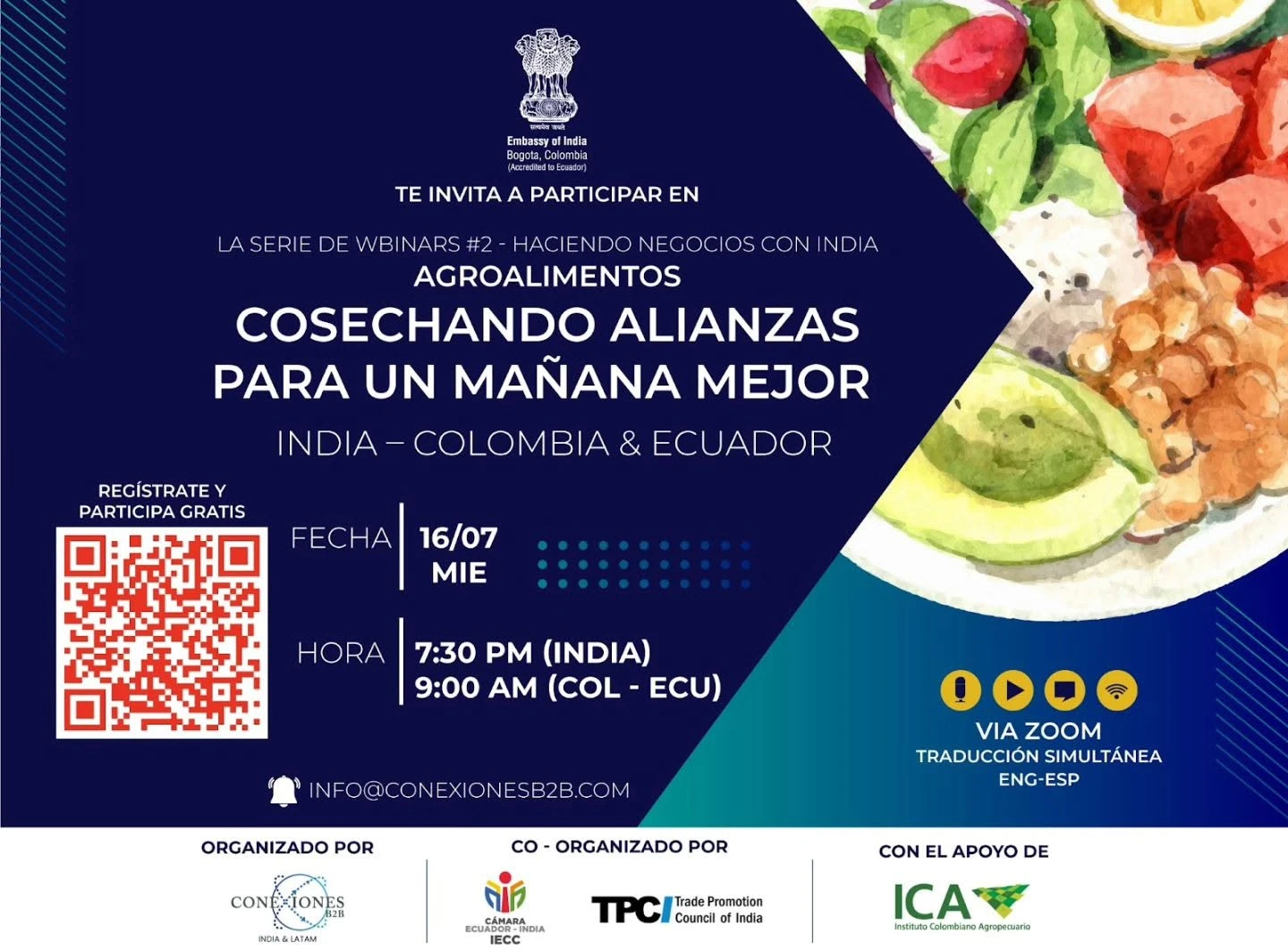 Afiche del webinar «Cosechando alianzas para un mañana mejor», agroalimentos India, Colombia y Ecuador, 16 de julio